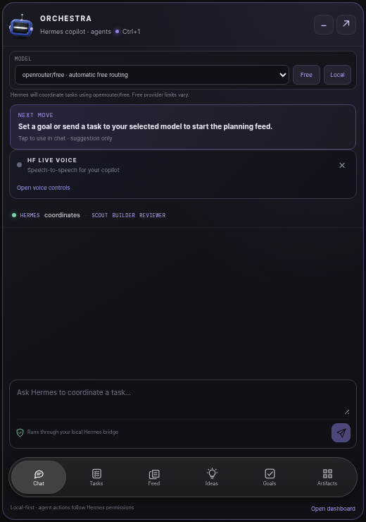 Robot Orchestra compact companion with model selection, Hermes status, chat and task sections.