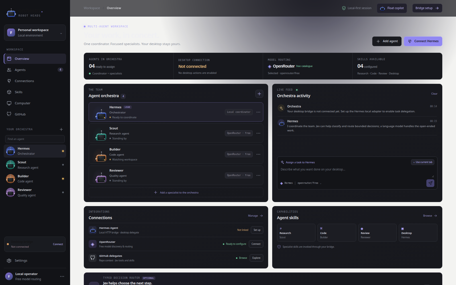 Robot Orchestra Overview dashboard with Connect Hermes, team agents, local connections, and activity feed.